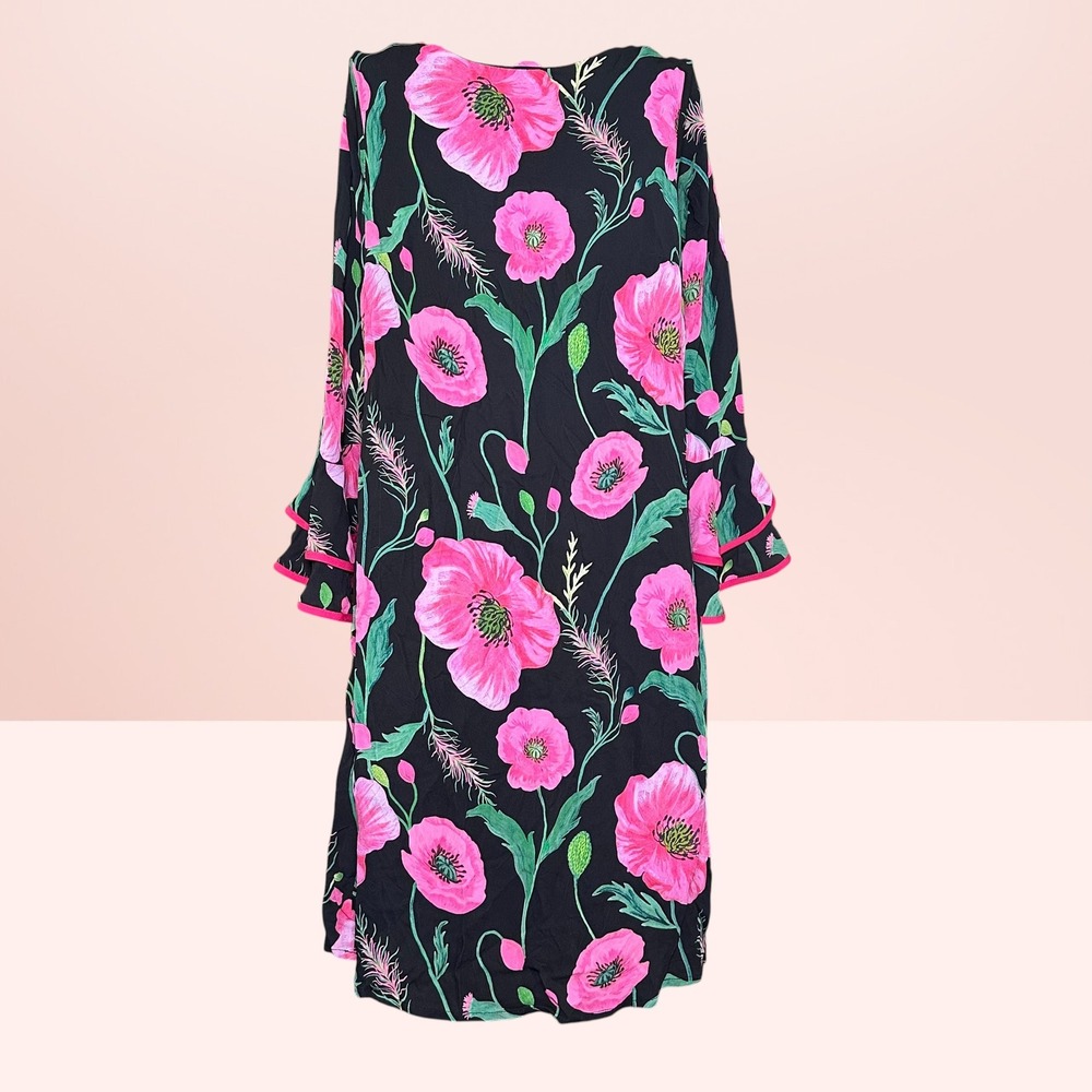 Wallis Pink Poppy Floral Tiered Bell Sleeve Shift Dress Size 6 US Black Boho